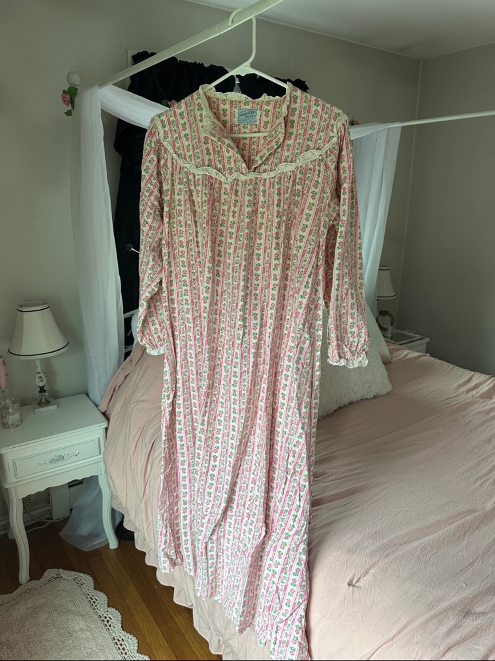 Vintage Women's Floral Cotton Nightgown - Pink Stripe Floral